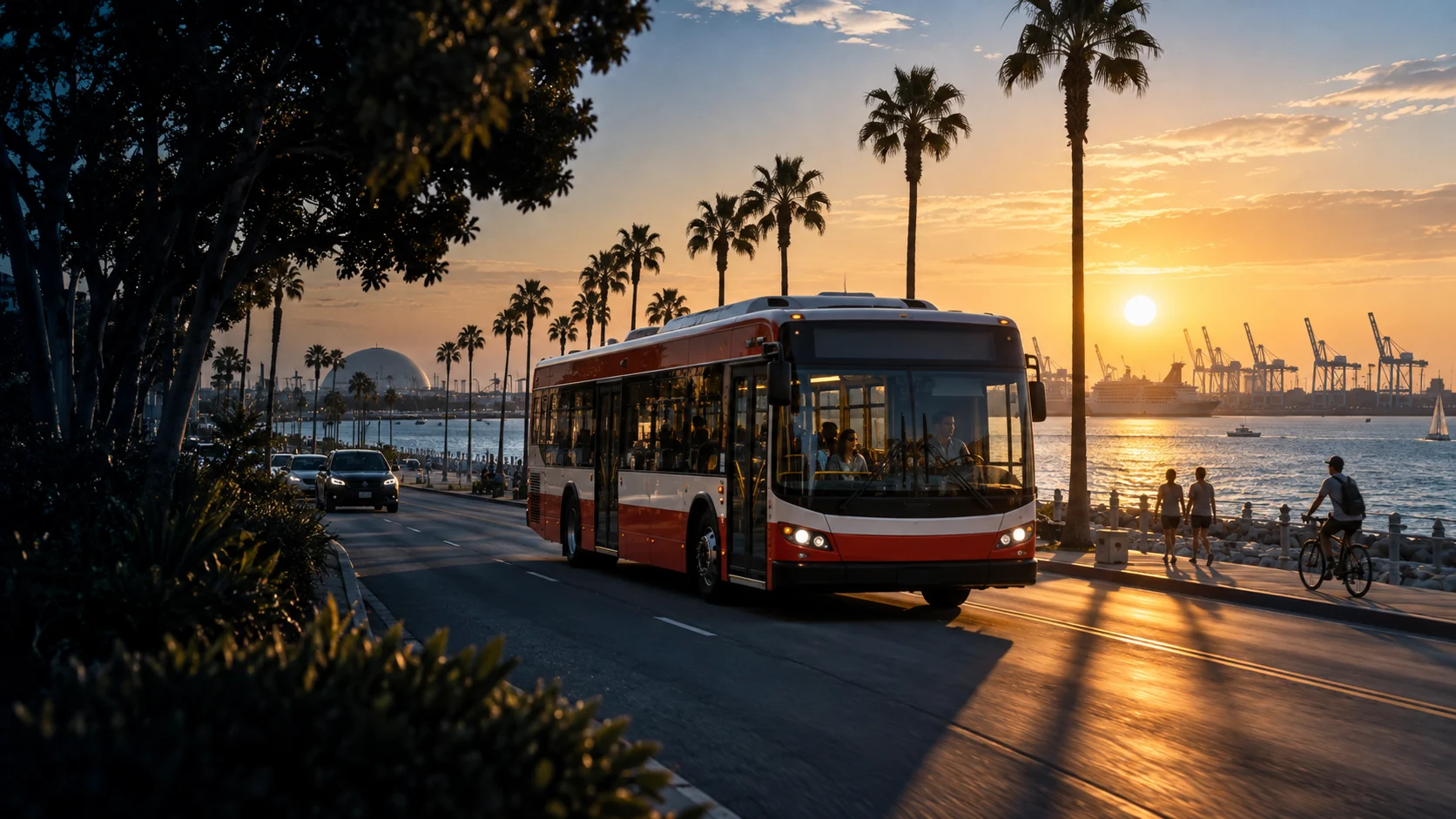 Concept image of a red and white city bus traveling beside a sunny Long Beach style harbor.